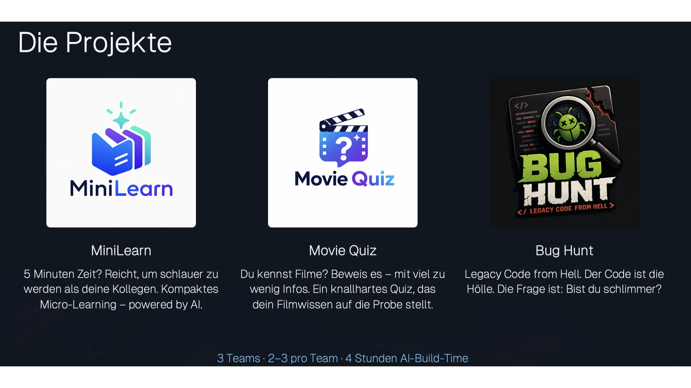 form4 AI-Hackathon — die drei Projekte: MiniLearn, Movie Quiz, Bug Hunt